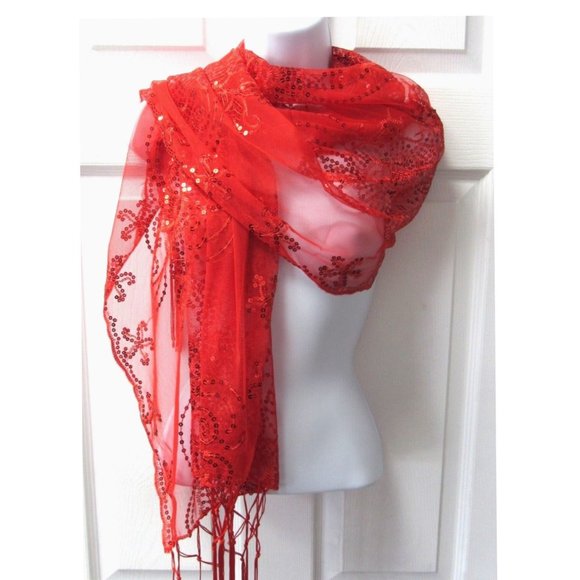 Red Sequin Shawl Wrap Sparkle Fringed Scarf Wedding Bridal Evening Dressy Formal - Picture 3 of 4